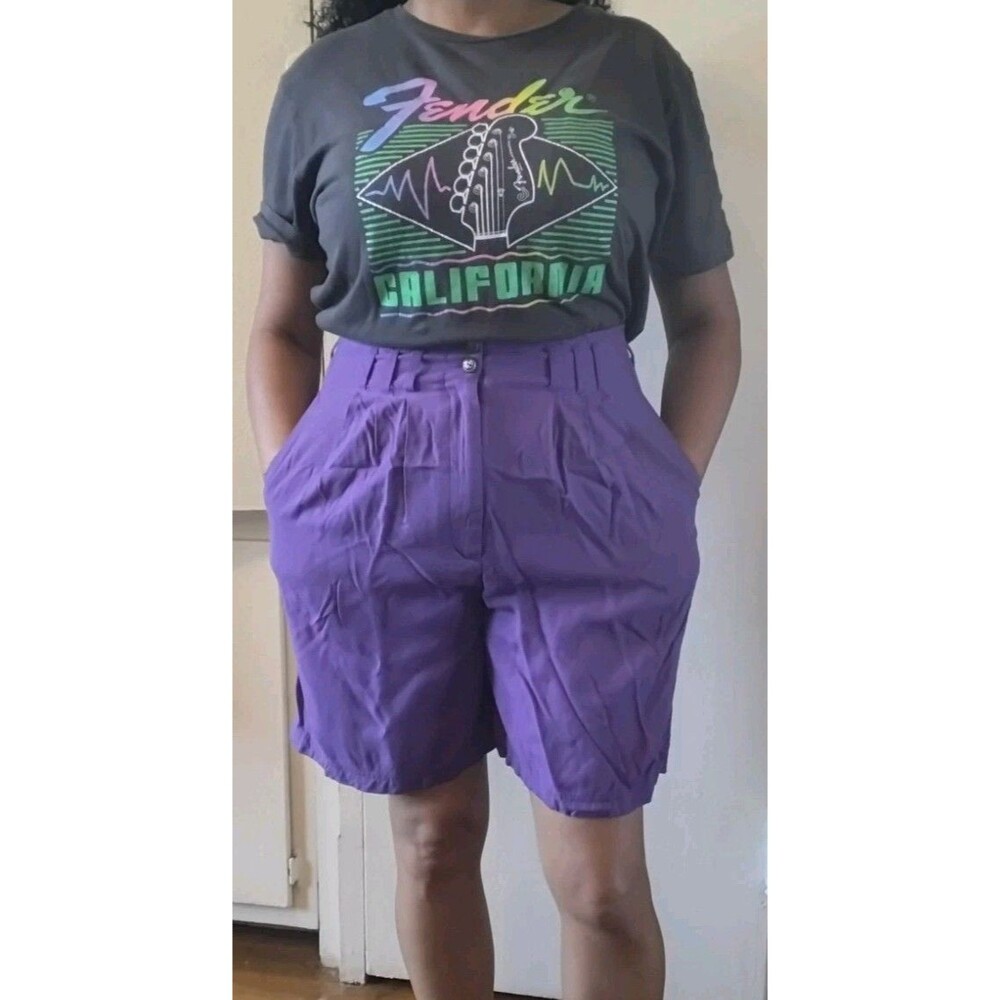 Vintage Retro Womens Purple Pleated Shorts High Waist Casual Bermuda Pocket Sz L